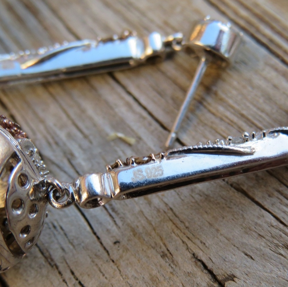 SOLD925 Genuine White & Champagne Diamond Earrings - Picture 8 of 8